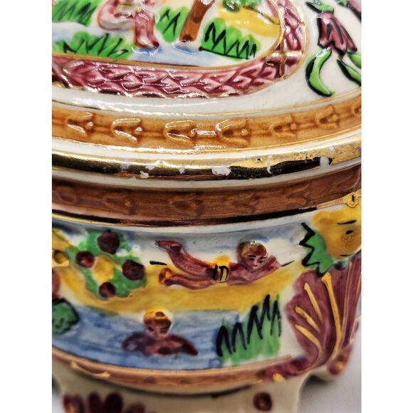 Bowl & Lid-Gold Trim-Japanese Inspired Summer Scenes-3D Embossed-Colorful-Footed - Picture 12 of 16
